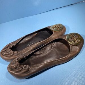 Tory Burch Women Size 8 M Reva Ballet Leather Slip On Flat Shoes Brown Gold Logo